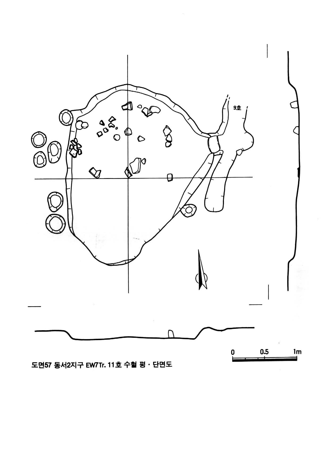 유적건조물_남경지구_동서2지구_11호수혈_평면,단면도_대구_1993-1994_고고.jpg이미지